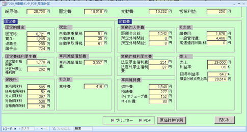 『原価計算』画面